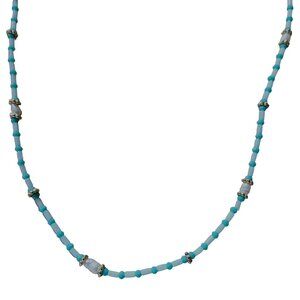 Handmade Blue White Beaded Necklace Faux Pearls Gold Tone Accents Jewelry Women